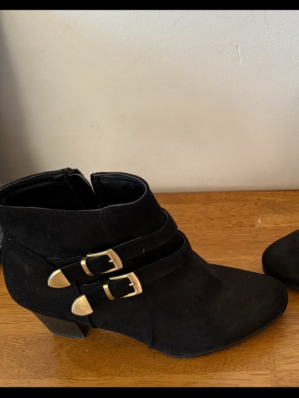Rialto Black Suede Ankle Boots with Gold Buckles